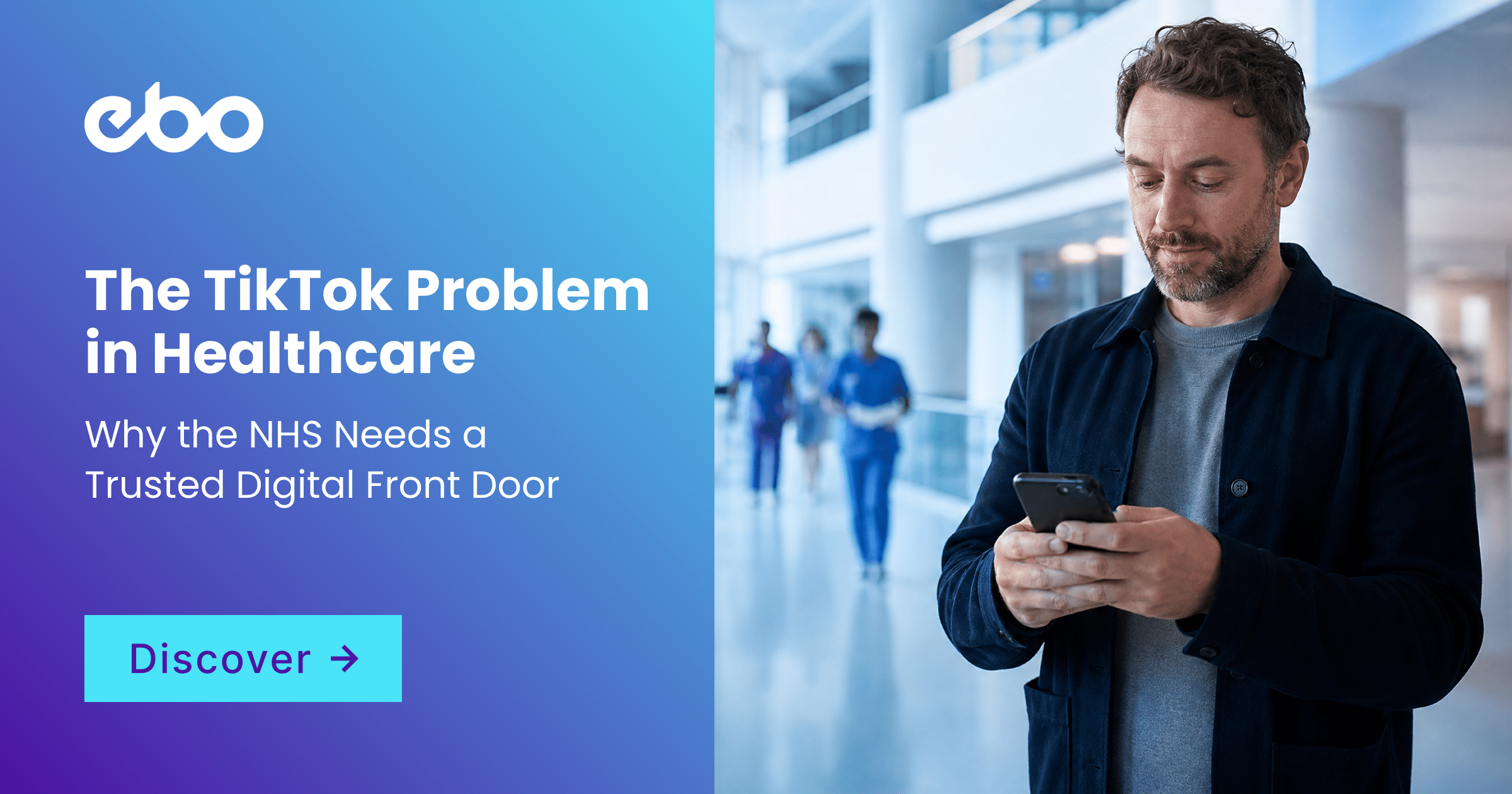 A person stands in a bright, modern NHS hospital atrium holding a smartphone, caught between two paths. One side is tinged with a faint magenta glow suggesting scattered online health information and social media noise, while the other opens into calm, reassuring NHS-blue tones representing a trusted, professional digital front door. Clean architectural lines and natural light from tall windows frame the scene, evoking clarity, trust, and the choice between fragmented digital advice and authoritative healthcare guidance.